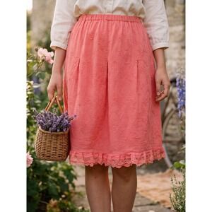 Erin London Sz 14P Coral Pink Embroidered Lace Hem Skirt Cotton Pleated Cottage